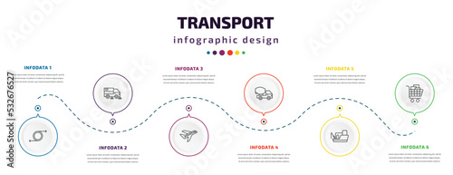 transport infographic element with icons and 6 step or option. transport icons such as recirculation, road sweeper, air transport, cement truck, fishing boat, cart with boxes vector. can be used for