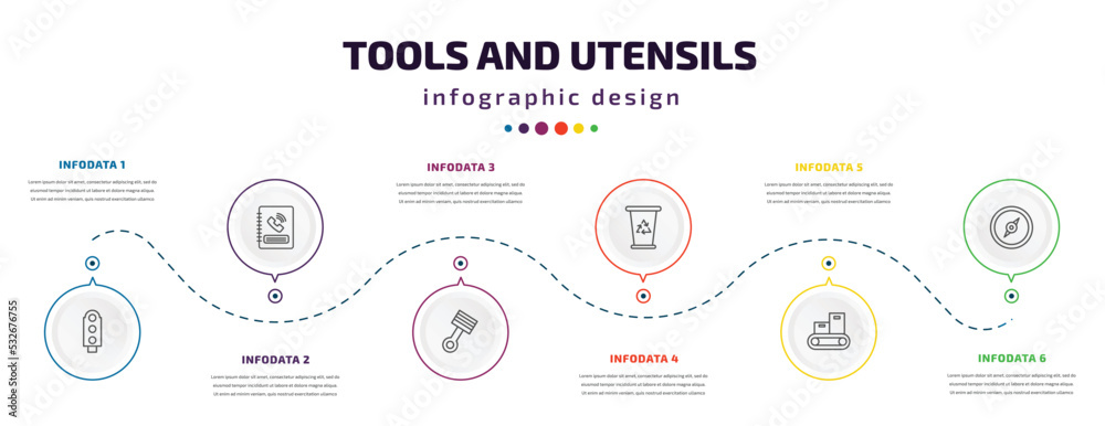 tools and utensils infographic element with icons and 6 step or option. tools and utensils icons such as semaphore light, telephone agenda, piston on, recycling bin, packing hine, cardinal vector. tools and utensils infographic element with icons and 6 step or option. tools and utensils icons such as semaphore light, telephone agenda, piston on, recycling bin, packing hine, cardinal vector.