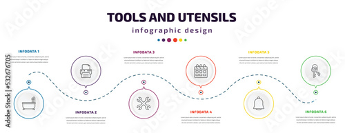 tools and utensils infographic element with icons and 6 step or option. tools and utensils icons such as bath tub, blank paper printer, cross wrench, calendar with six days, hanging bell, key ring