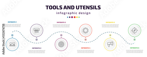 tools and utensils infographic element with icons and 6 step or option. tools and utensils icons such as hole puncher, air conditioning, target circles, , megaphone side view, orientation compass photo