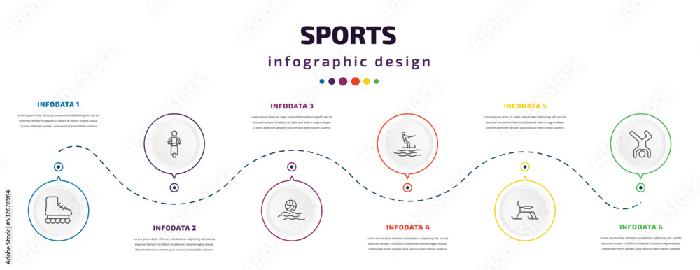 sports infographic element with icons and 6 step or option. sports icons such as roller skate, motorbike riding, waterpolo, jet surfing, skibob, breakdance vector. can be used for banner, info sports infographic element with icons and 6 step or option. sports icons such as roller skate, motorbike riding, waterpolo, jet surfing, skibob, breakdance vector. can be used for banner, info