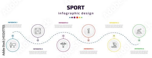 sport infographic element with icons and 6 step or option. sport icons such as training, game board, man lifting weight, climbing with rope, windsurf sea, long jump vector. can be used for banner,