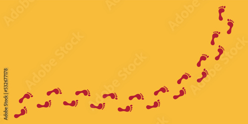 Female's red footprint Vector illustration isolated on yellow background. Newly married woman's red footprint. Happy Dhanteras, Goddess Lakshmi footprint.