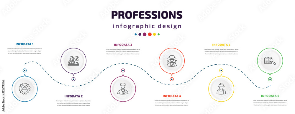 professions infographic element with icons and 6 step or option. professions icons such as mechanical engineer, graphic de, orthodontist, hunter, builder, guide vector. can be used for banner, info professions infographic element with icons and 6 step or option. professions icons such as mechanical engineer, graphic de, orthodontist, hunter, builder, guide vector. can be used for banner, info