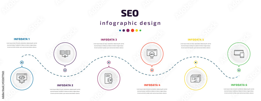 seo infographic element with icons and 6 step or option. seo icons such as optimization, hosting, c sharp, seo ranking, page, responsive vector. can be used for banner, info graph, web, seo infographic element with icons and 6 step or option. seo icons such as optimization, hosting, c sharp, seo ranking, page, responsive vector. can be used for banner, info graph, web,