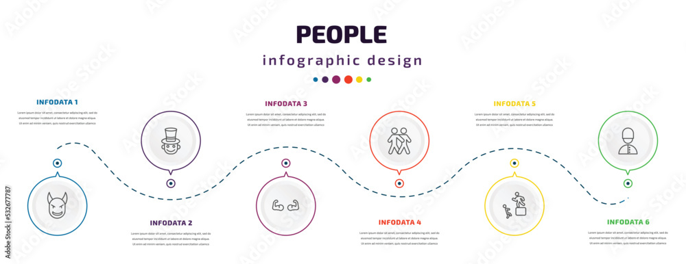 people infographic element with icons and 6 step or option. people icons such as devil head with horns, magician boy, biceps of a man, man hugging, man pushing child, queens guard vector. can be people infographic element with icons and 6 step or option. people icons such as devil head with horns, magician boy, biceps of a man, man hugging, man pushing child, queens guard vector. can be