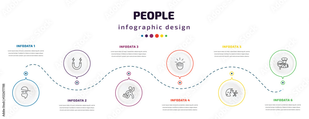 people infographic element with icons and 6 step or option. people icons such as gangsters, electromagnet, businessman dancing, knocking, waves danger, traffic police vector. can be used for banner, people infographic element with icons and 6 step or option. people icons such as gangsters, electromagnet, businessman dancing, knocking, waves danger, traffic police vector. can be used for banner,