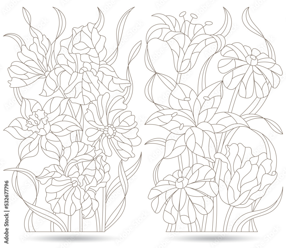 A set of contour illustrations in the style of stained glass with flower bouquets, flowers isolated on a white background