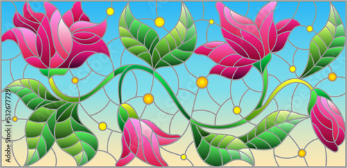 Illustration in the style of a stained glass window with a floral arrangement on a blue background  rectangular image