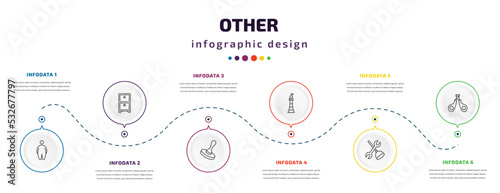 other infographic element with icons and 6 step or option. other icons such as overweight, small shelf, wooden stamper, smeaton's tower, plumbering, nail trimmer vector. can be used for banner, info
