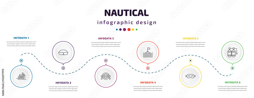 nautical infographic element with icons and 6 step or option. nautical icons such as yatch, prawn facing left, rubber raft, sea flag, snorkling glasses, double air tank vector. can be used for nautical infographic element with icons and 6 step or option. nautical icons such as yatch, prawn facing left, rubber raft, sea flag, snorkling glasses, double air tank vector. can be used for