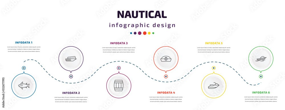 nautical infographic element with icons and 6 step or option. nautical icons such as shark, speed boat facing right, big barrel, sailor cap, facing right, speed boat vector. can be used for banner,