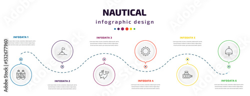 nautical infographic element with icons and 6 step or option. nautical icons such as oxygen tank, buoys, whale, sun shining, ship engine, big bell vector. can be used for banner, info graph, web,