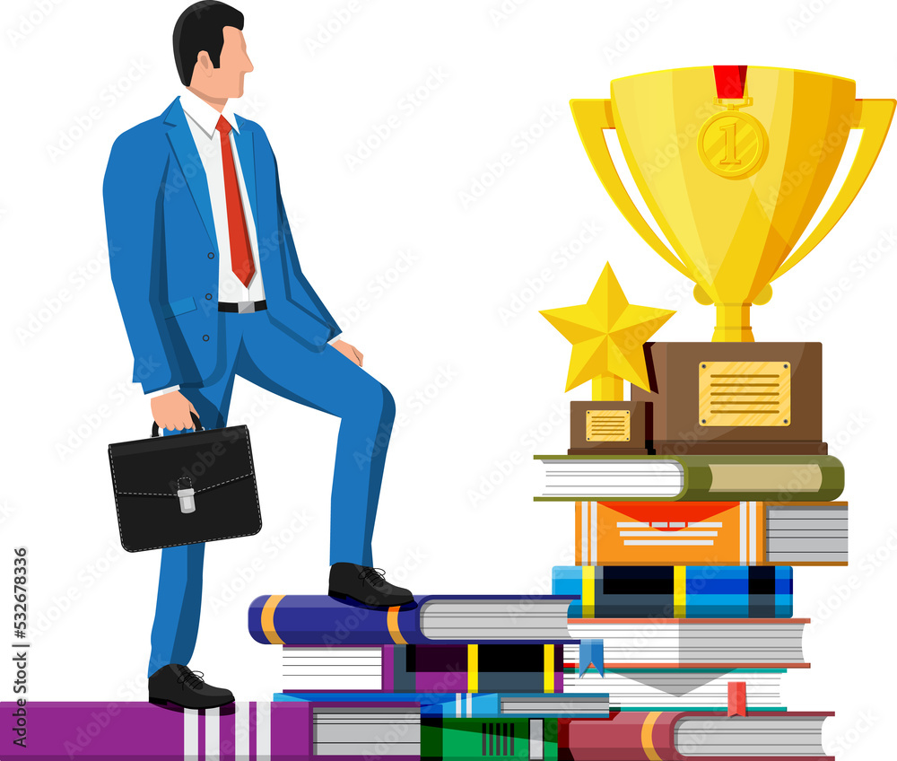 Businessman with trophy on stack of books. Businessman with trophy on stack of books.