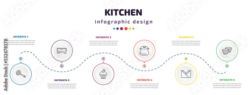 kitchen infographic element with icons and 6 step or option. kitchen icons such as honey dipper, bun warmer, cupcake, cooking pot, napkin, custard cup vector. can be used for banner, info graph,