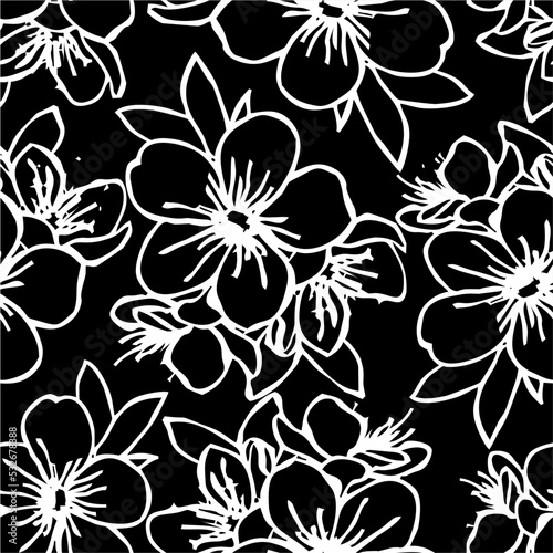 seamless contour pattern of large white graphic flowers on a black background, texture, design