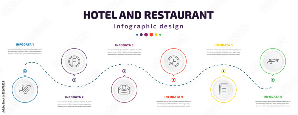 hotel and restaurant infographic element with icons and 6 step or option. hotel and restaurant icons such as or down, parking, dim sum, 24 service, agenda, hairdryer vector. can be used for banner, hotel and restaurant infographic element with icons and 6 step or option. hotel and restaurant icons such as or down, parking, dim sum, 24 service, agenda, hairdryer vector. can be used for banner,