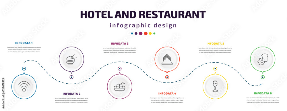 hotel and restaurant infographic element with icons and 6 step or option. hotel and restaurant icons such as free wifi, rice, takoyaki, napkins, wine glass, breakfast vector. can be used for banner, hotel and restaurant infographic element with icons and 6 step or option. hotel and restaurant icons such as free wifi, rice, takoyaki, napkins, wine glass, breakfast vector. can be used for banner,