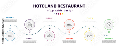 hotel and restaurant infographic element with icons and 6 step or option. hotel and restaurant icons such as reserved, nightstand, vacuum cleaner, people, hammock, bathrobe vector. can be used for
