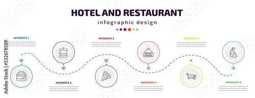 hotel and restaurant infographic element with icons and 6 step or option. hotel and restaurant icons such as cinnamon roll  reception bell  pizza  hotel  lounge  lotion vector. can be used for