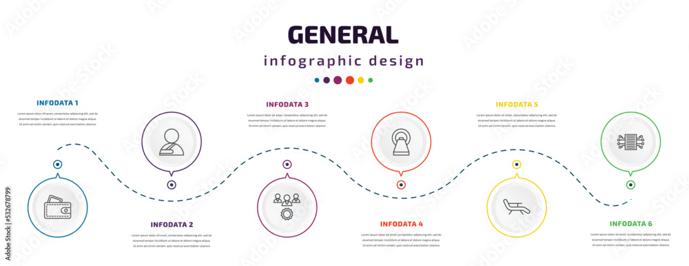 general infographic element with icons and 6 step or option. general icons such as card wallet, shoulder immobilizer, project team, mri scanner, deckchair, smart contract vector. can be used for general infographic element with icons and 6 step or option. general icons such as card wallet, shoulder immobilizer, project team, mri scanner, deckchair, smart contract vector. can be used for