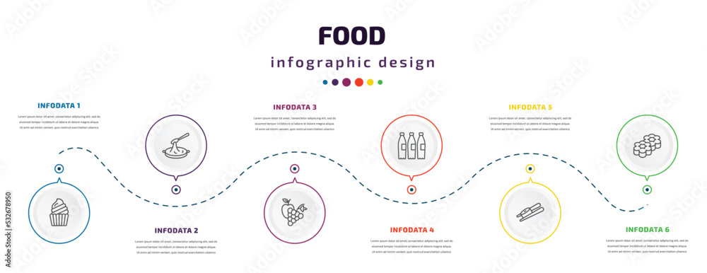 food infographic element with icons and 6 step or option. food icons such as muffin bake, black sesame soup, and grapes, recycling bottles, sushi and chopsticks, flower shaped biscuits vector. can food infographic element with icons and 6 step or option. food icons such as muffin bake, black sesame soup, and grapes, recycling bottles, sushi and chopsticks, flower shaped biscuits vector. can