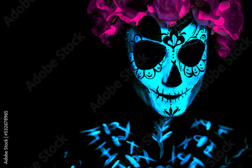 UV body art painting of helloween female skeleton