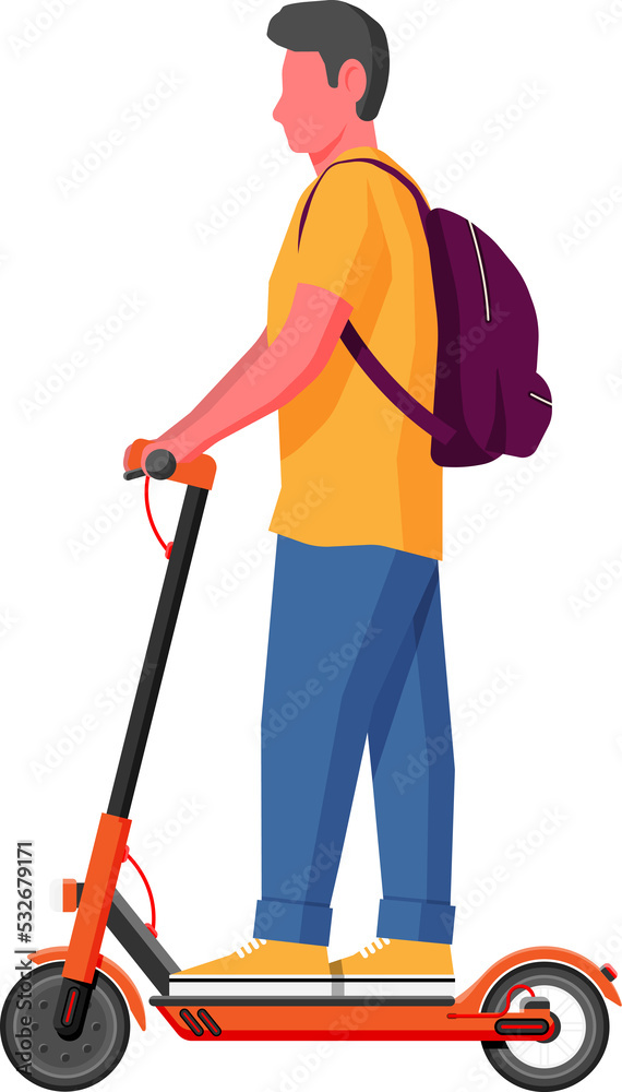 Guy with backpack rolling on electric scooter. Guy with backpack rolling on electric scooter.