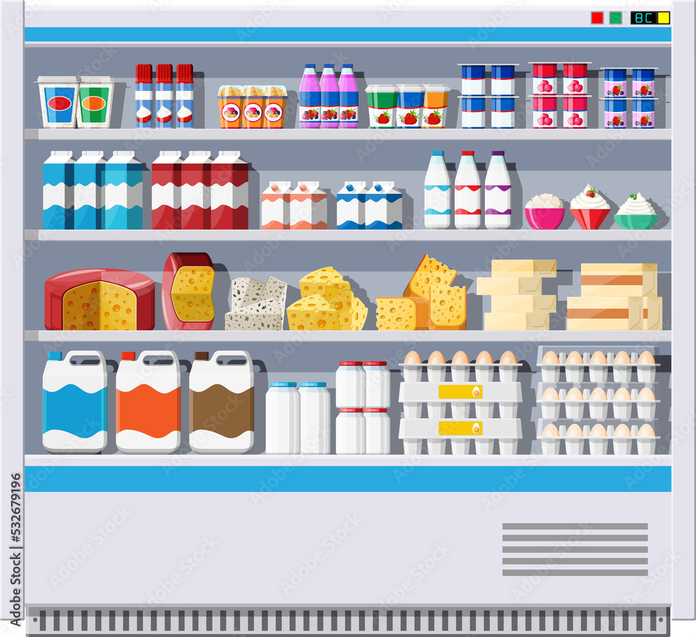 Obraz premium Showcase fridge with dairy products.