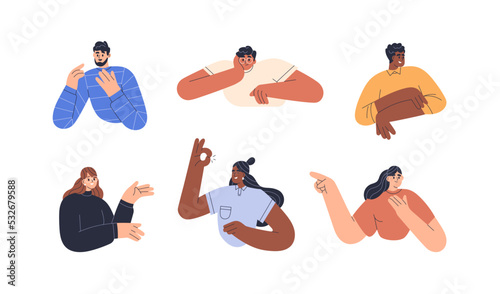 Happy people gesturing, showing, presenting. Excited smiling men, women advertising, speaking set. Characters with positive emotions. Flat graphic vector illustrations isolated on white background