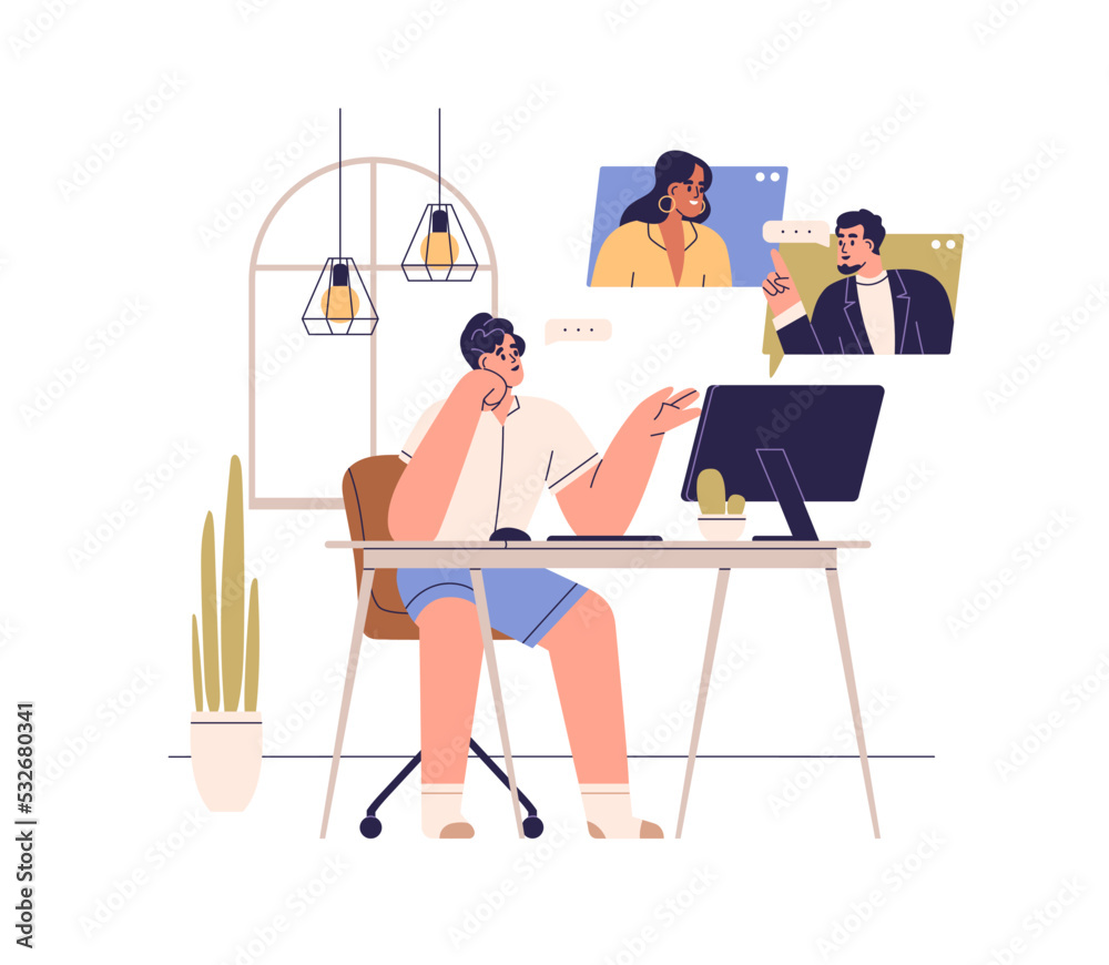 Online communication, remote teamwork concept. Business team talking via internet, discussing work project. People during video call at distance. Flat vector illustration isolated on white background Online communication, remote teamwork concept. Business team talking via internet, discussing work project. People during video call at distance. Flat vector illustration isolated on white background