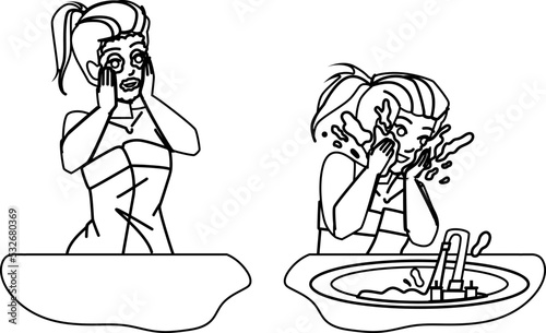 face wash woman line pencil drawing vector. skin facial care girl, young beauty foam, water soap clean face wash woman character. people Illustration