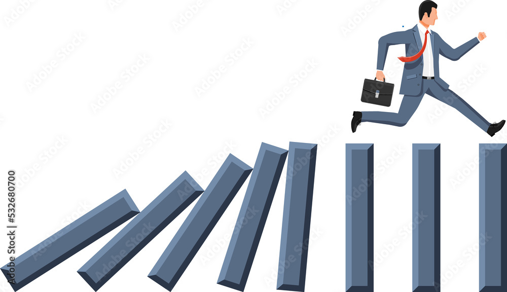 Businessman running away from falling domino. Businessman running away from falling domino.