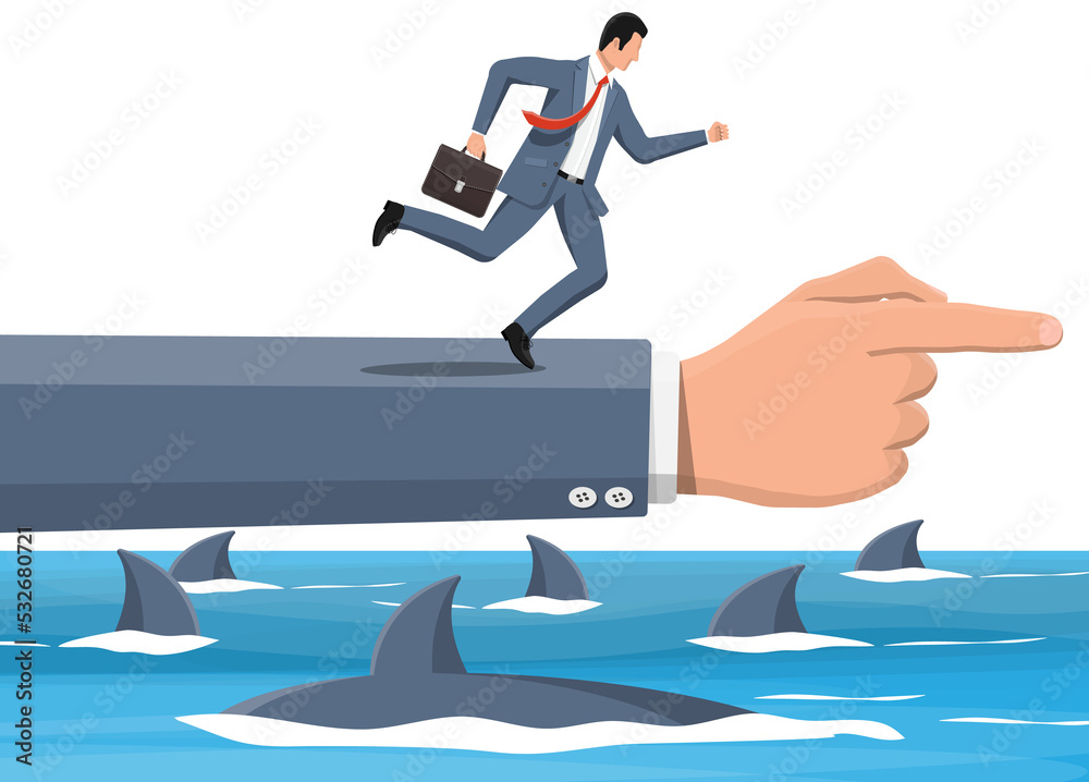 Businessman running on hand over shark in water. Businessman running on hand over shark in water.