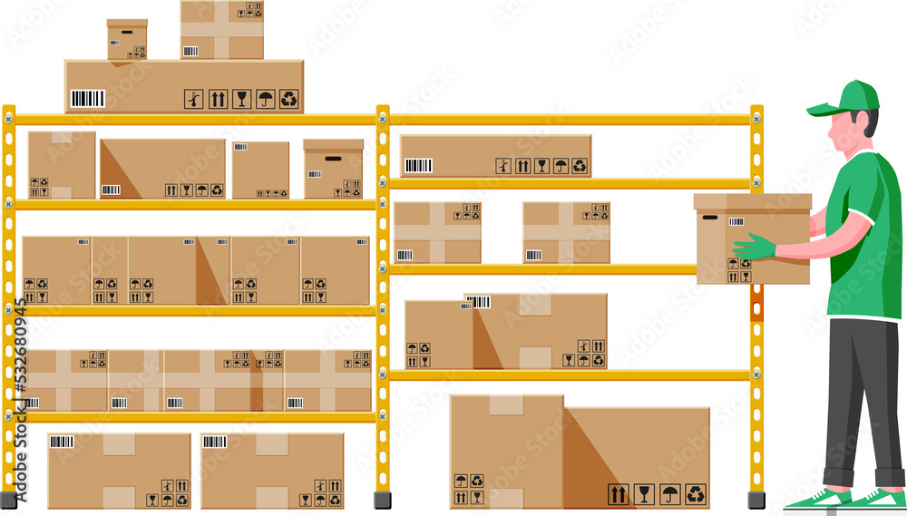 Warehouse shelves with boxes and mover Warehouse shelves with boxes and mover