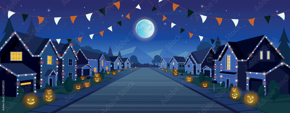 Halloween street houses. Suburban houses, street with cottages with garages decorated with garlands and pumpkins for halloween at night. A street of houses with green trees and a road in perspective.