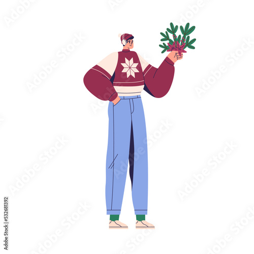 Man holding Christmas bouquet from poinsettia flowers and fir tree branch. Mo...