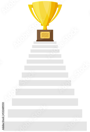 Golden trophy on ladder of success.