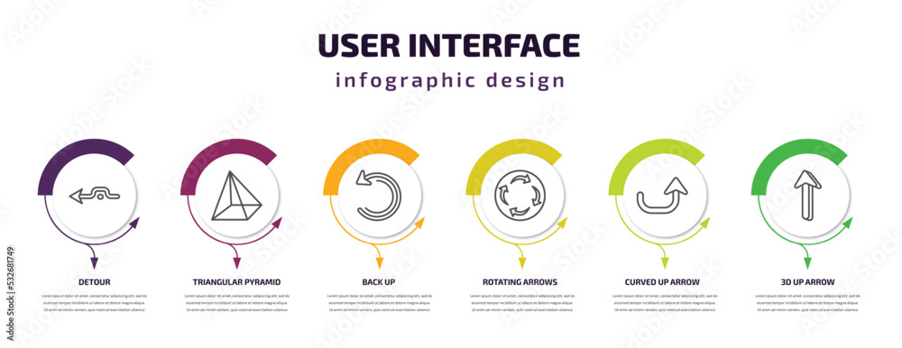 user interface infographic template with icons and 6 step or option. user interface icons such as detour, triangular pyramid, back up, rotating arrows, curved up arrow, 3d up arrow vector. can be