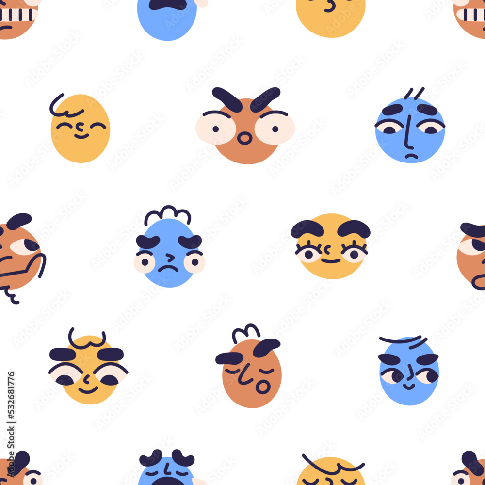 Obraz premium Seamless pattern with fun face avatars. Background, texture design with emotions, facial expressions of abstract cute funny characters, emojis, repeating print. Colored flat vector illustration