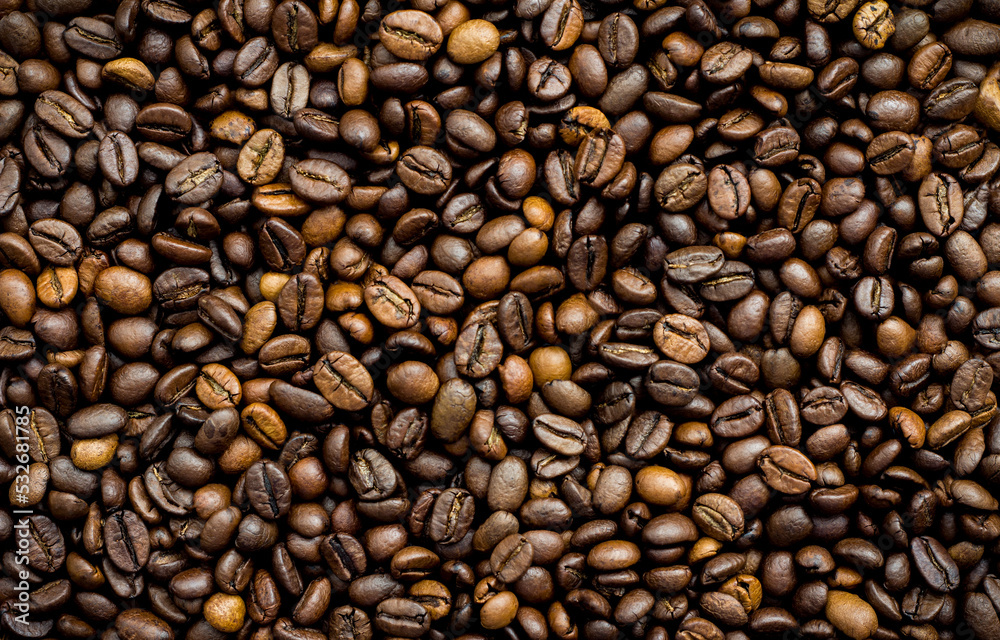 BacgSelected calibrated Arabica coffee beans on a surface, table, blended, middle roasted, top view