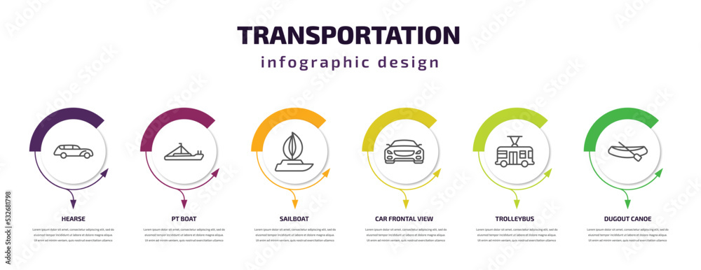 transportation infographic template with icons and 6 step or option. transportation icons such as hearse, pt boat, sailboat, car frontal view, trolleybus, dugout canoe vector. can be used for