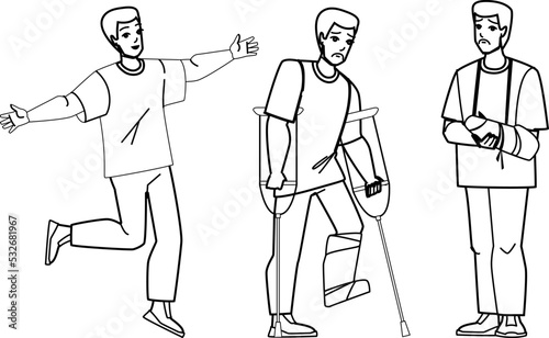 fracture man line pencil drawing vector. leg hand broken, accident plaster, cast home injury, person bandage fracture man character. people Illustration