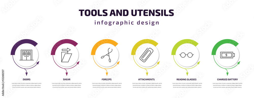 tools and utensils infographic template with icons and 6 step or option. tools and utensils icons such as doors, shear, forceps, attachments, reading glasses, charged battery vector. can be used for