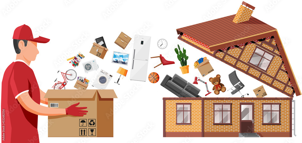 Building with home stuff inside and male mover.