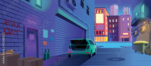 Dark back street alley with a door to a bar, a trash can, a car with an open trunk at night in cartoon style. Background for games and mobile applications.