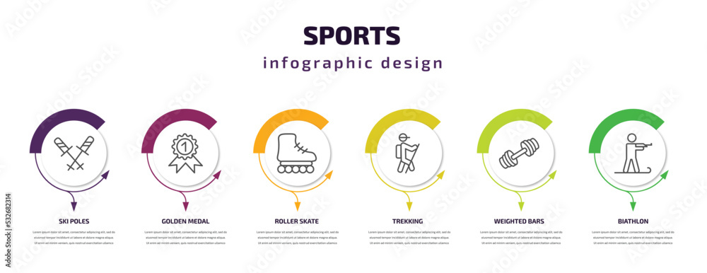 sports infographic template with icons and 6 step or option. sports icons such as ski poles, golden medal, roller skate, trekking, weighted bars, biathlon vector. can be used for banner, info graph,