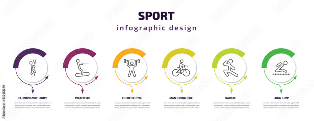 sport infographic template with icons and 6 step or option. sport icons such as climbing with rope, water ski, exercise gym, man riding bike, karate, long jump vector. can be used for banner, info