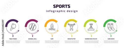 sports infographic template with icons and 6 step or option. sports icons such as table tennis, baseball ball, surf, weightlifter, number one athlete, long socks vector. can be used for banner, info