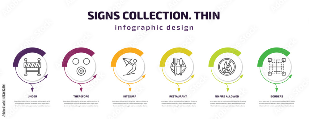 signs collection. thin infographic template with icons and 6 step or option. signs collection. thin icons such as under, therefore, kitesurf, restaurant, no fire allowed, borders vector. can be used